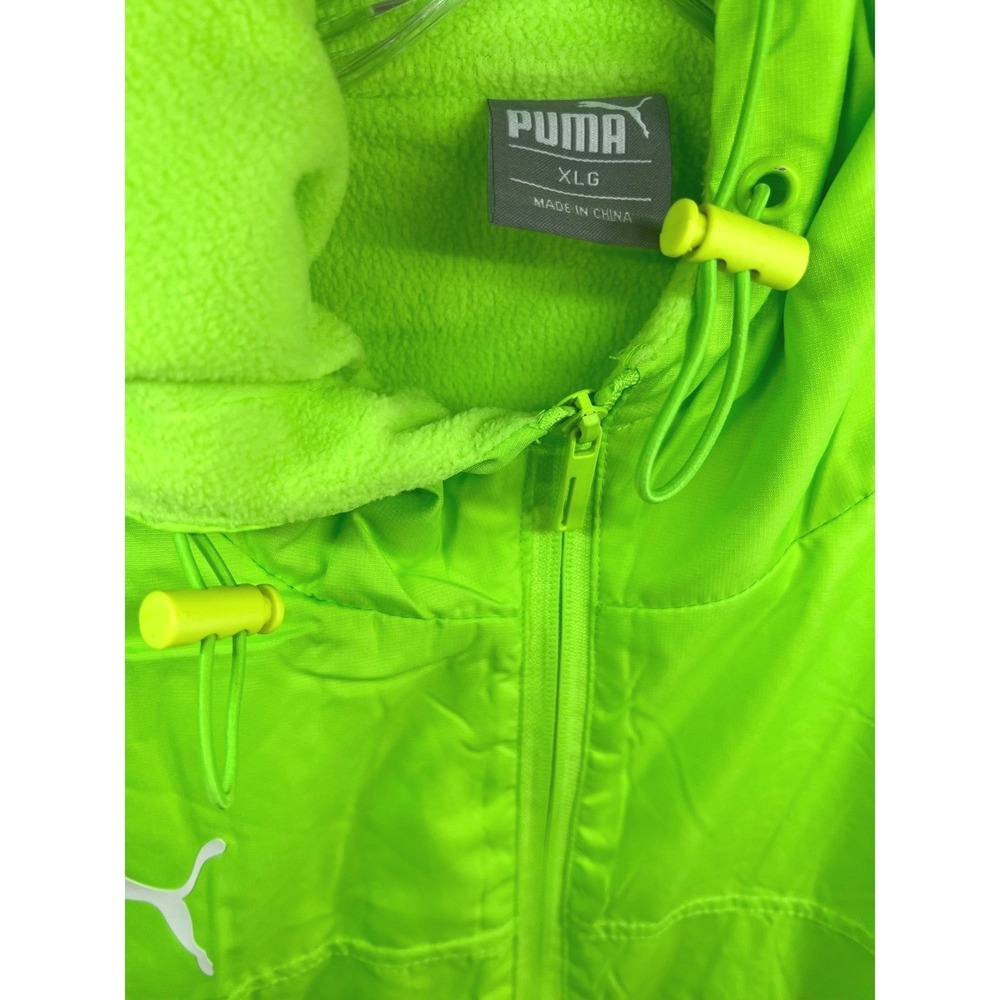 Puma Mens XL Fleece Lined Hooded Windbreaker Jacket Neon Green Full Zip New - Picture 3 of 11